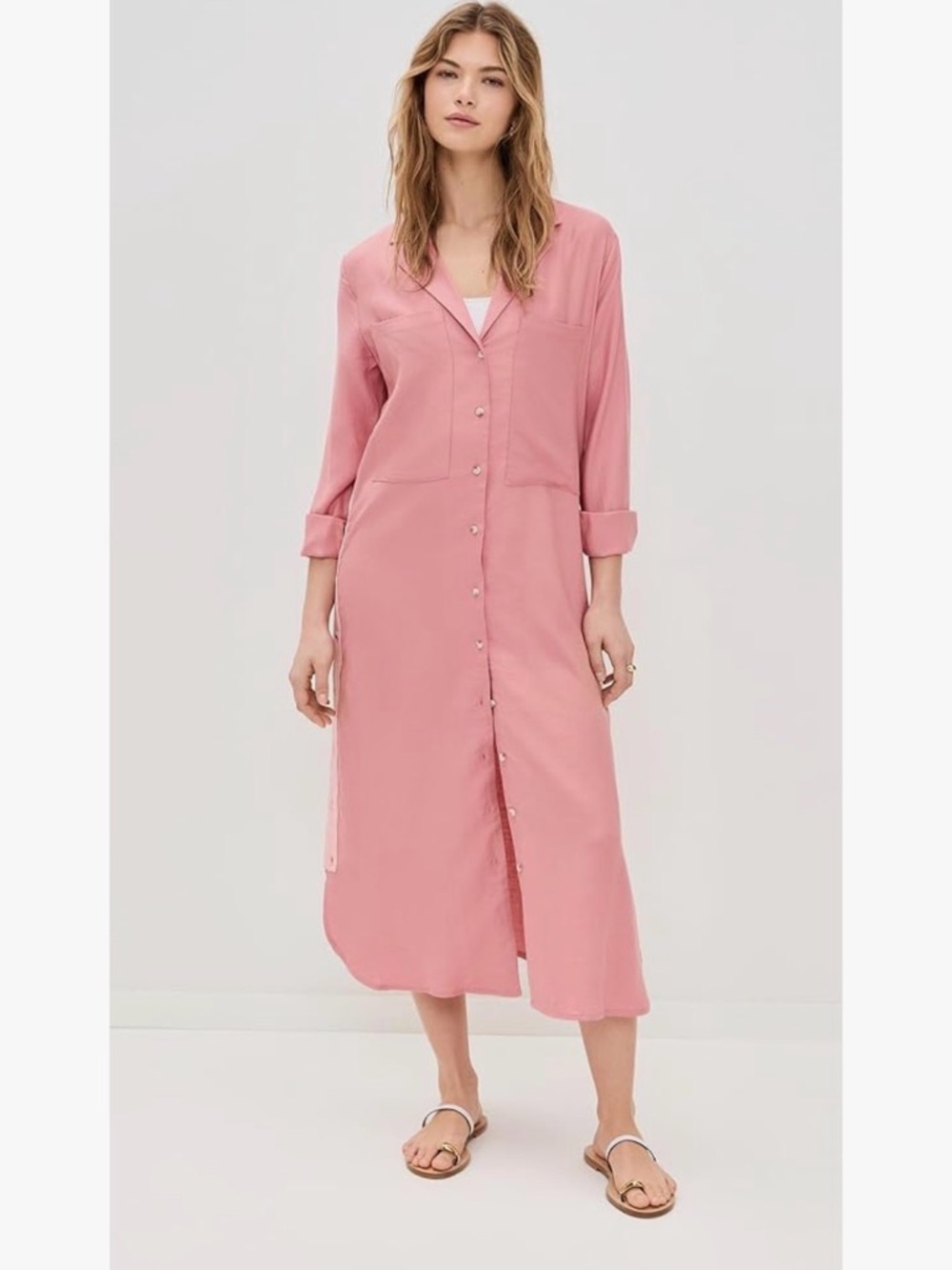 Long Button-Front Shirt Dress in Dusty Rose